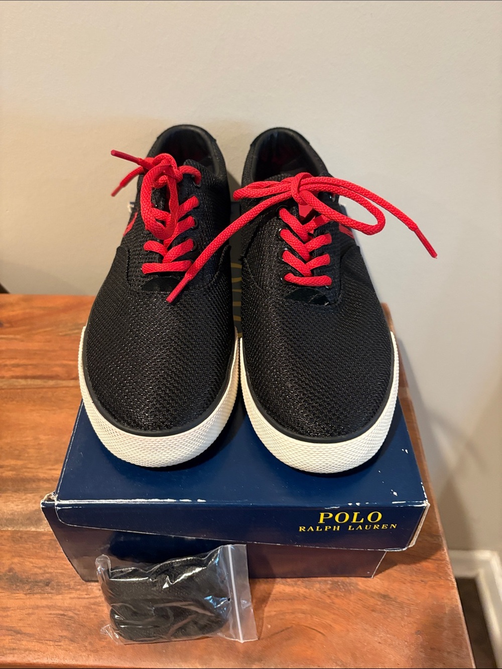 Polo by Ralph Lauren Black Knit Sneakers with Red Laces
